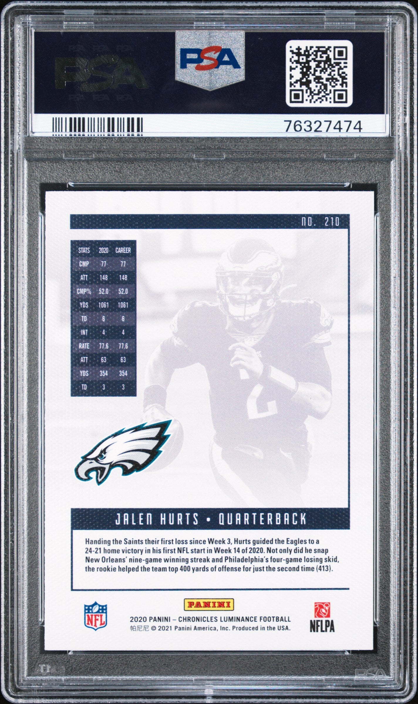 2020 Panini Chronicles - Jalen Hurts - Rookie Card - Luminance Pink - #210 - PSA Graded Card