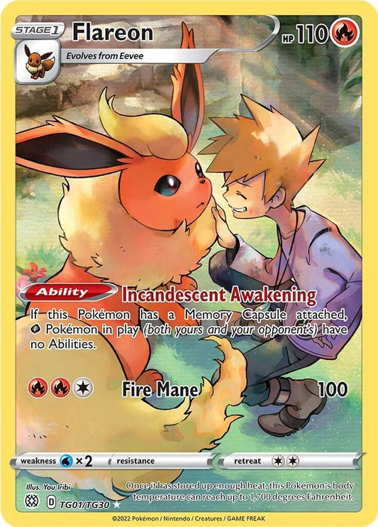 2022 Pokemon Sword & Shield − Flareon #TG01 − Lost Origin - Trainer Gallery Full Art − Raw Ungraded Card