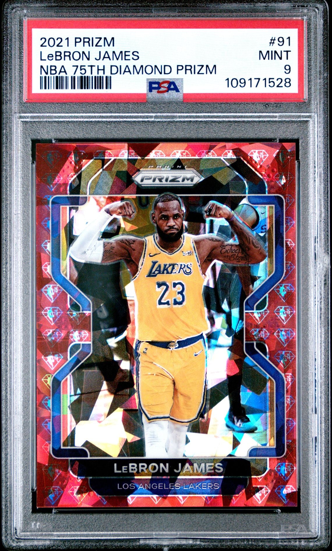 2021 Panini Prizm - Lebron James - NBA 75th Diamond Red Prizm #91 - Limited to /75 - PSA Graded Card