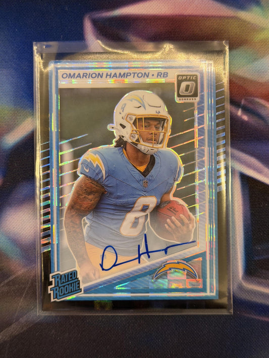 Omarion Hampton Rated Rookie Auto Black Pandora Prizm Front - 2025 Donruss Optic