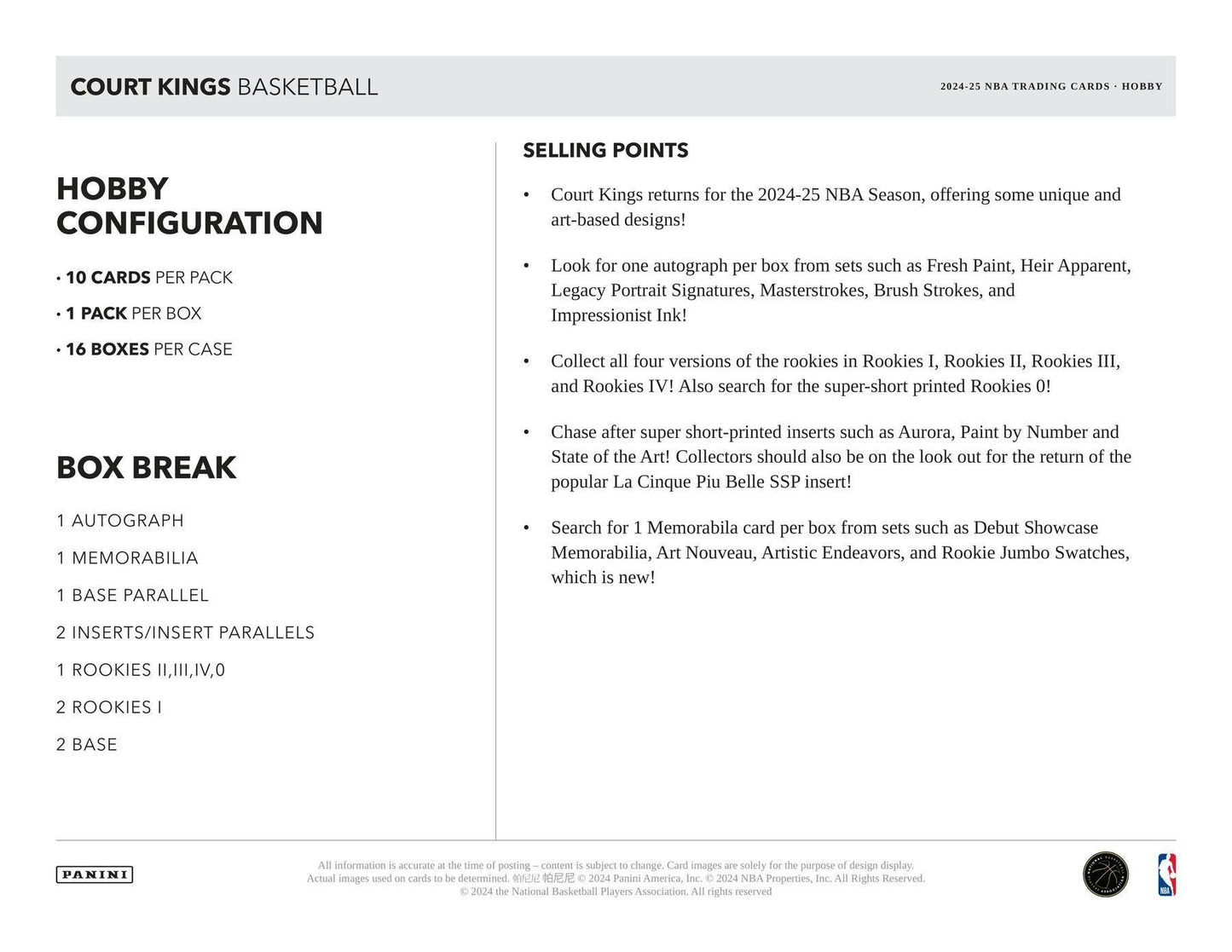 2024-25 Panini Court Kings Basketball Hobby Box
