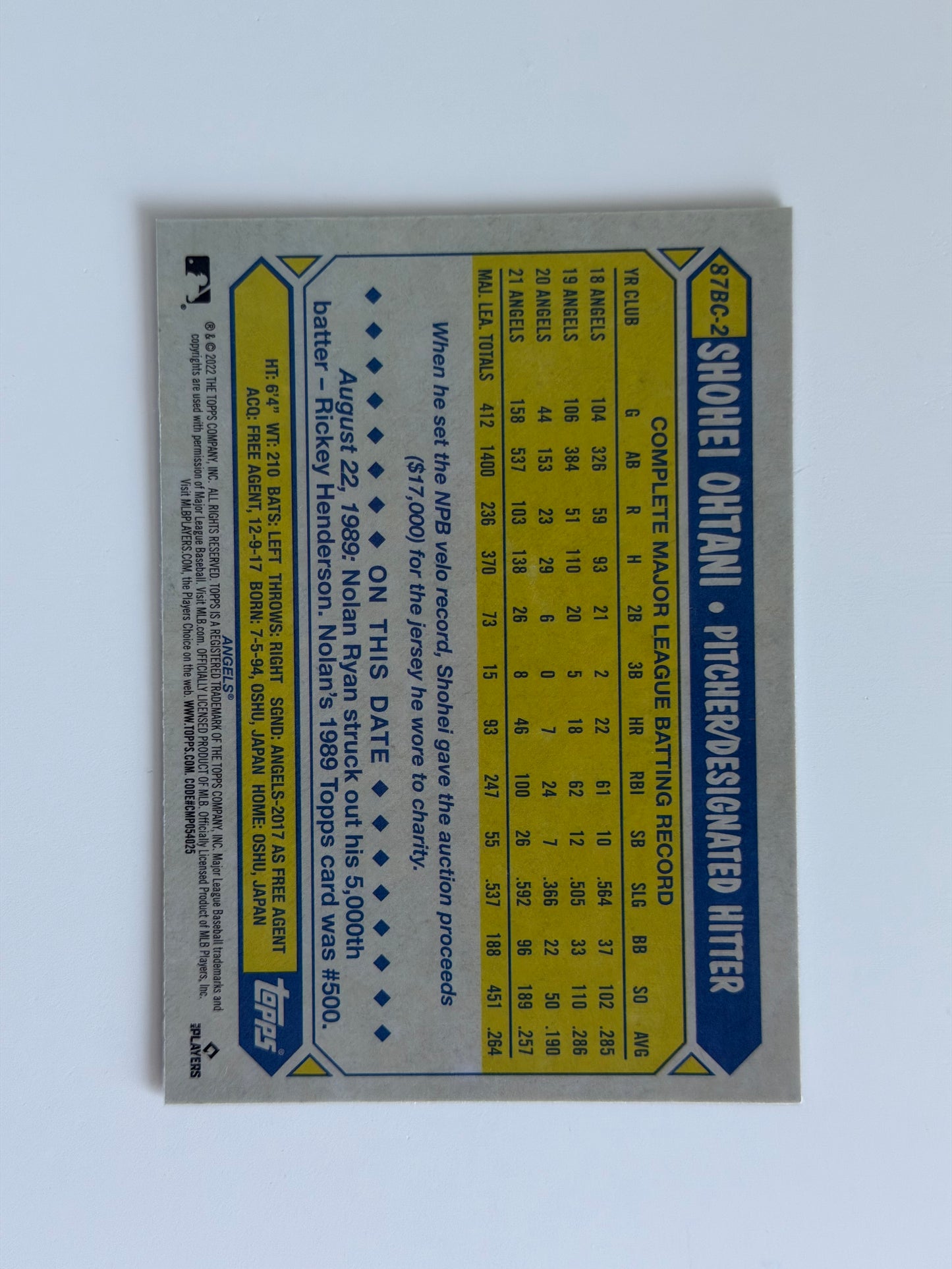2022 Topps Chrome - Shohei Ohtani - #87BC-2 - Raw Ungraded Card