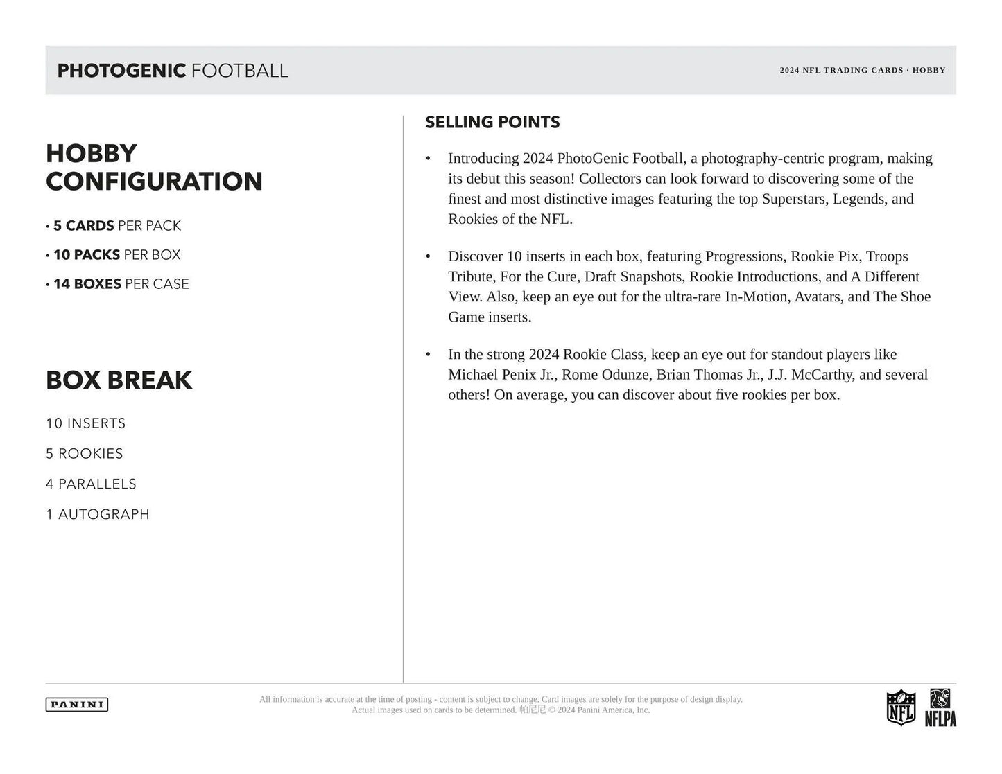 2024 Panini Photogenic Football - Hobby Box (1 Auto Per Box)