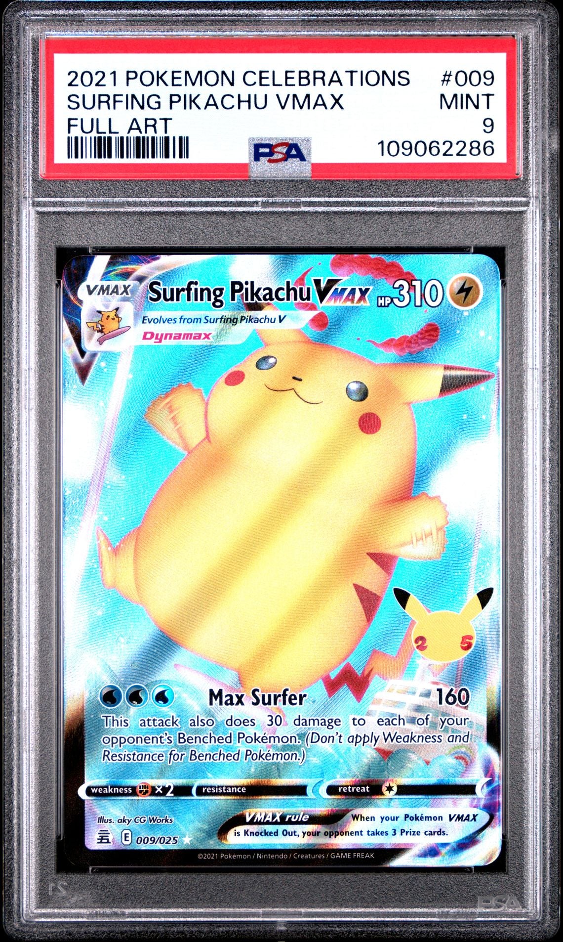 2021 Pokemon Celebrations 009 Full Art/Surfing Pikachu Vmax — PSA Graded Card