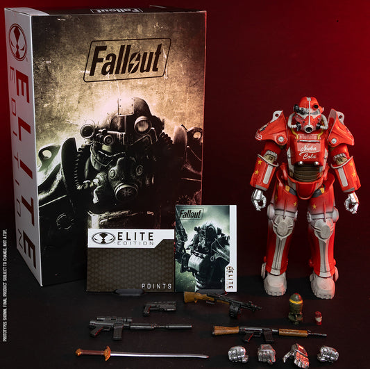 Bethesda Softworks Fallout Elite Edition pre-order display featuring a red and white armored action figure, the product box, accessories, and a points card on a dark red background with Fallout branding.