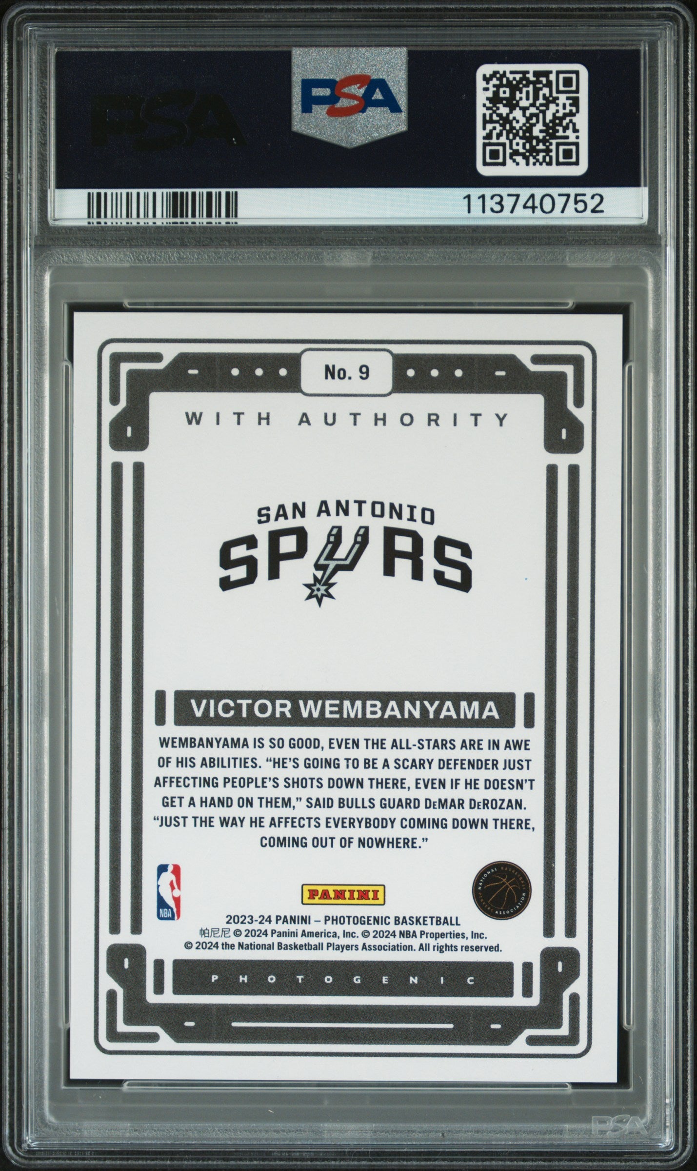 2023 Panini Photogenic With Authority #9 - Victor Wembanyama PSA 9 Back - Cert #113740752