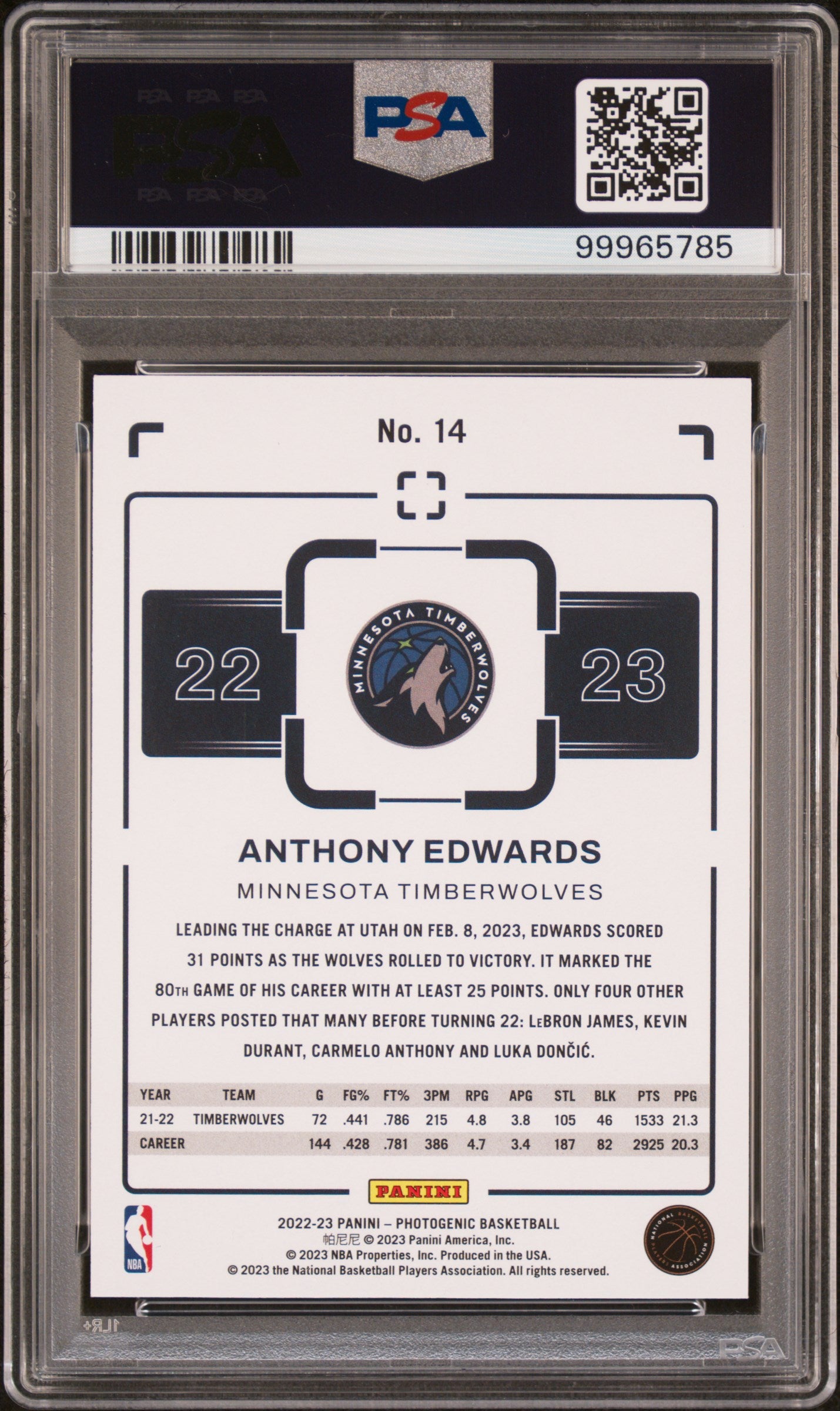 2022 Photogenic - Anthony Edwards - Silver #14 - Numbered to /99 - PSA Graded Card