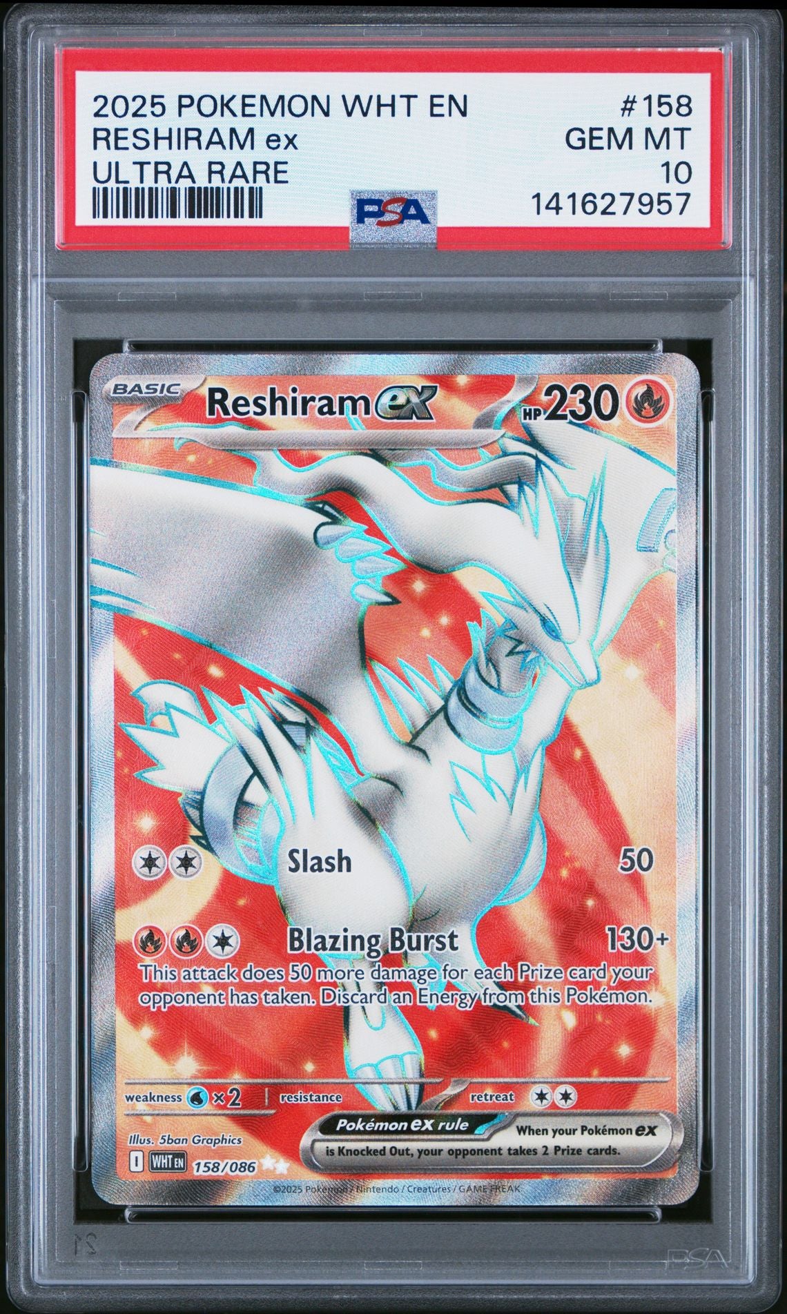 2025 Pokémon WHT EN-White Flare - #158 Reshiram Ex Ultra Rare - PSA Graded Card