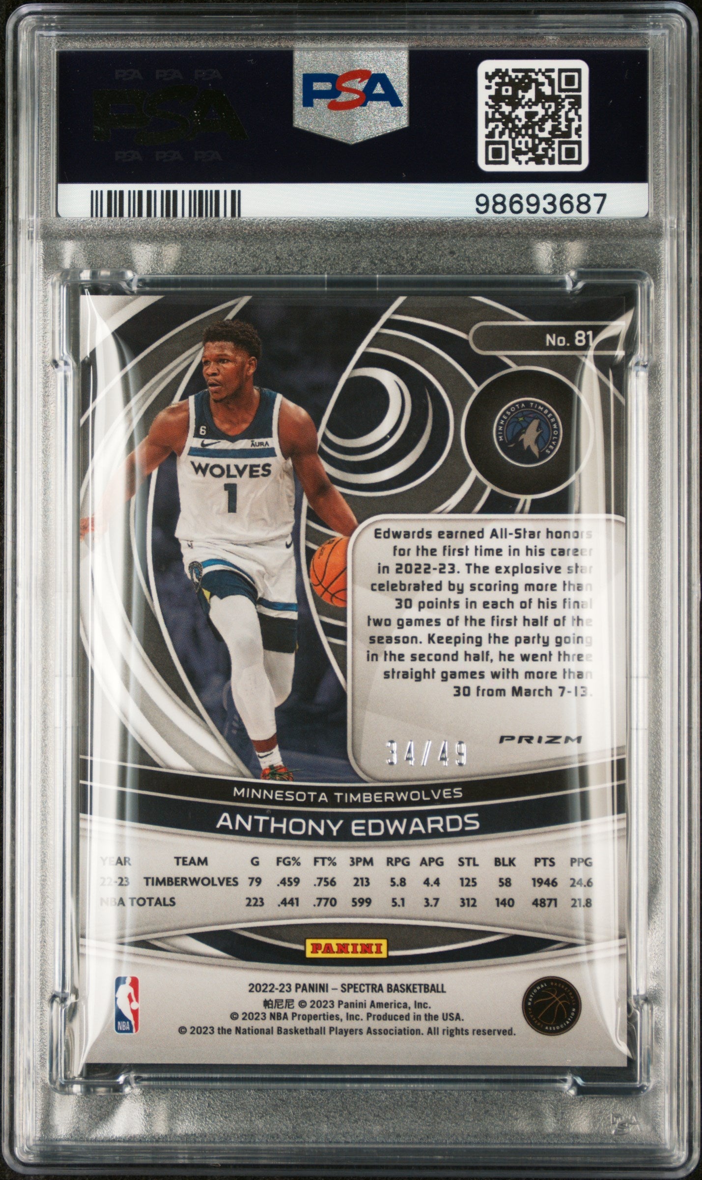 2022 Panini Spectra - Anthony Edwards - Asia Blue & Orange - Limited to /49 - #81 - PSA Graded Card