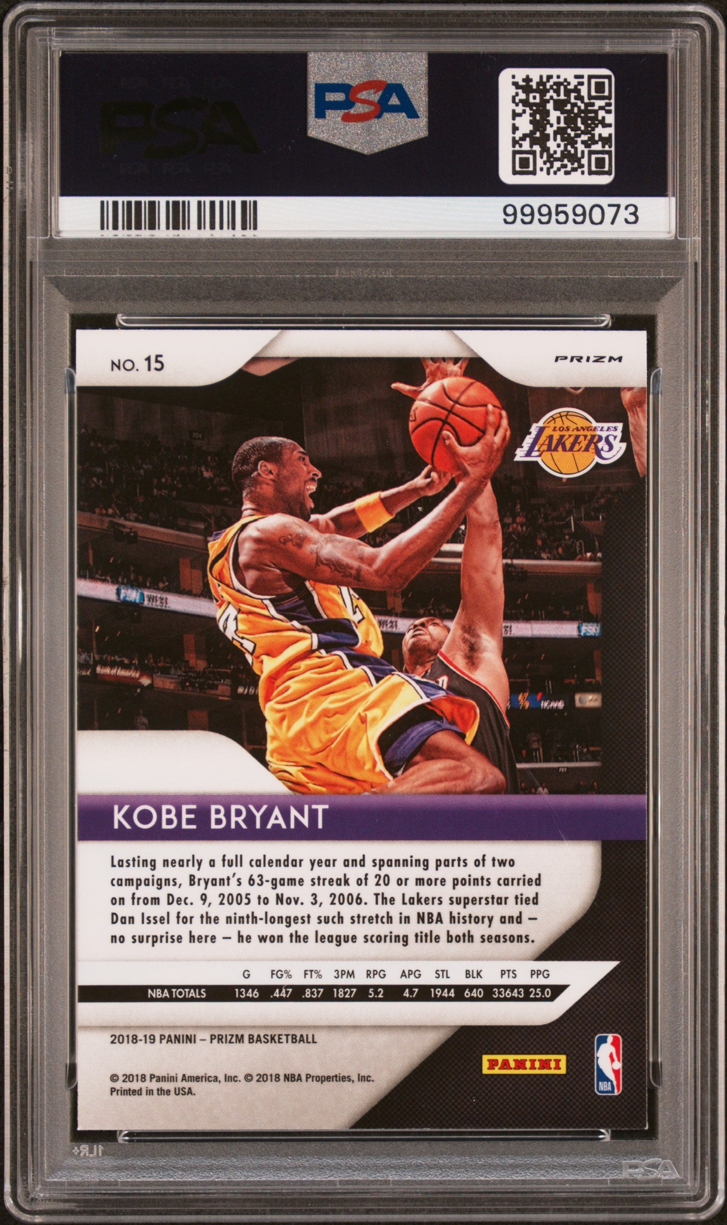2018-19 Panini Prizm - Silver Prizm - Kobe Bryant - #15 - PSA 9 Graded Card