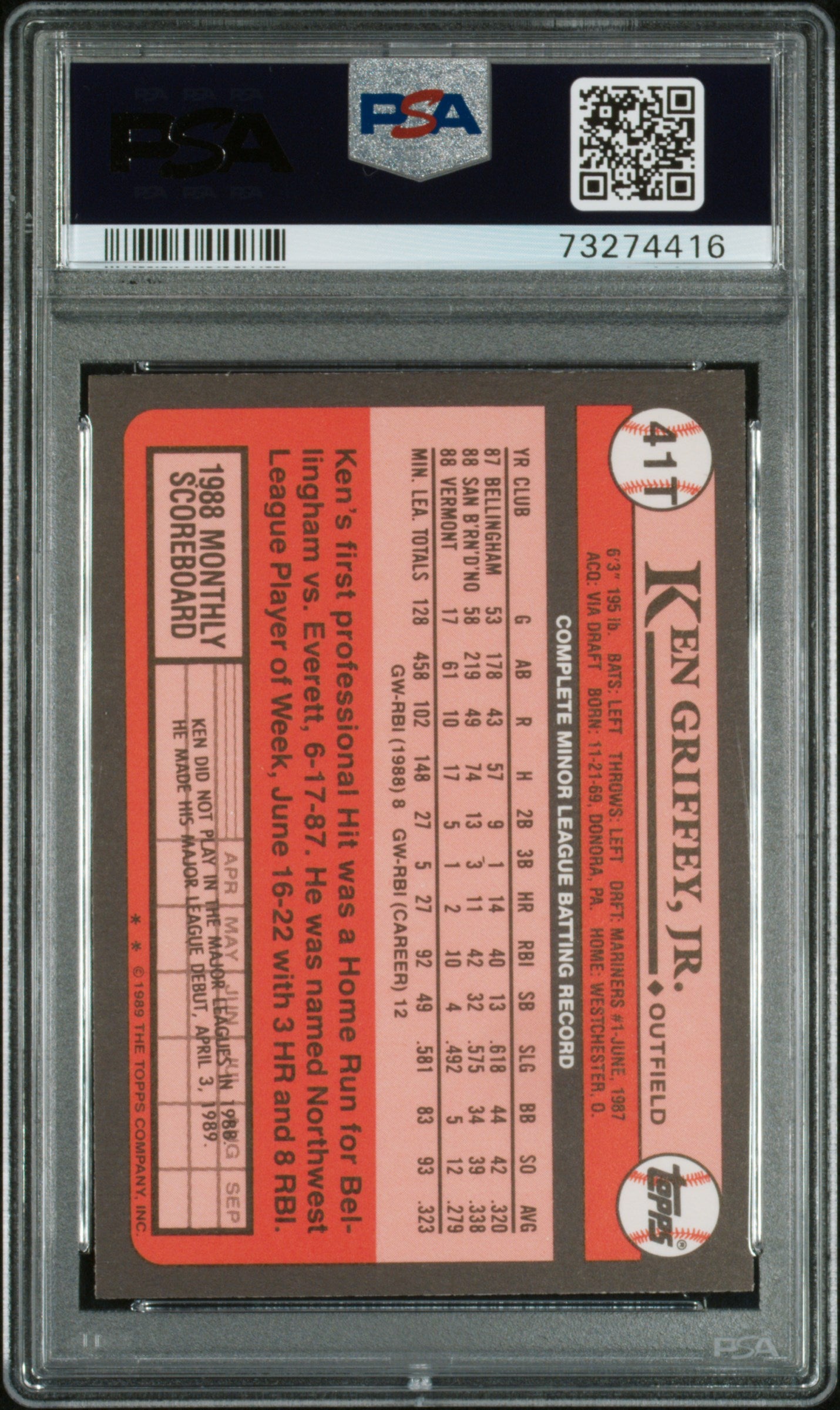 1989 - Topps Traded - Ken Griffey Jr - Rookie Card - #41T - PSA Graded Card