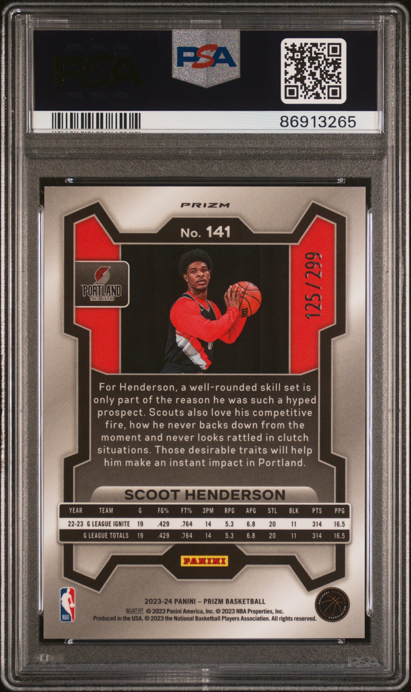 2023-24 Panini Prizm Red Seismic #141 Scoot Henderson - Rookie - PSA 10 - Numbered to /299