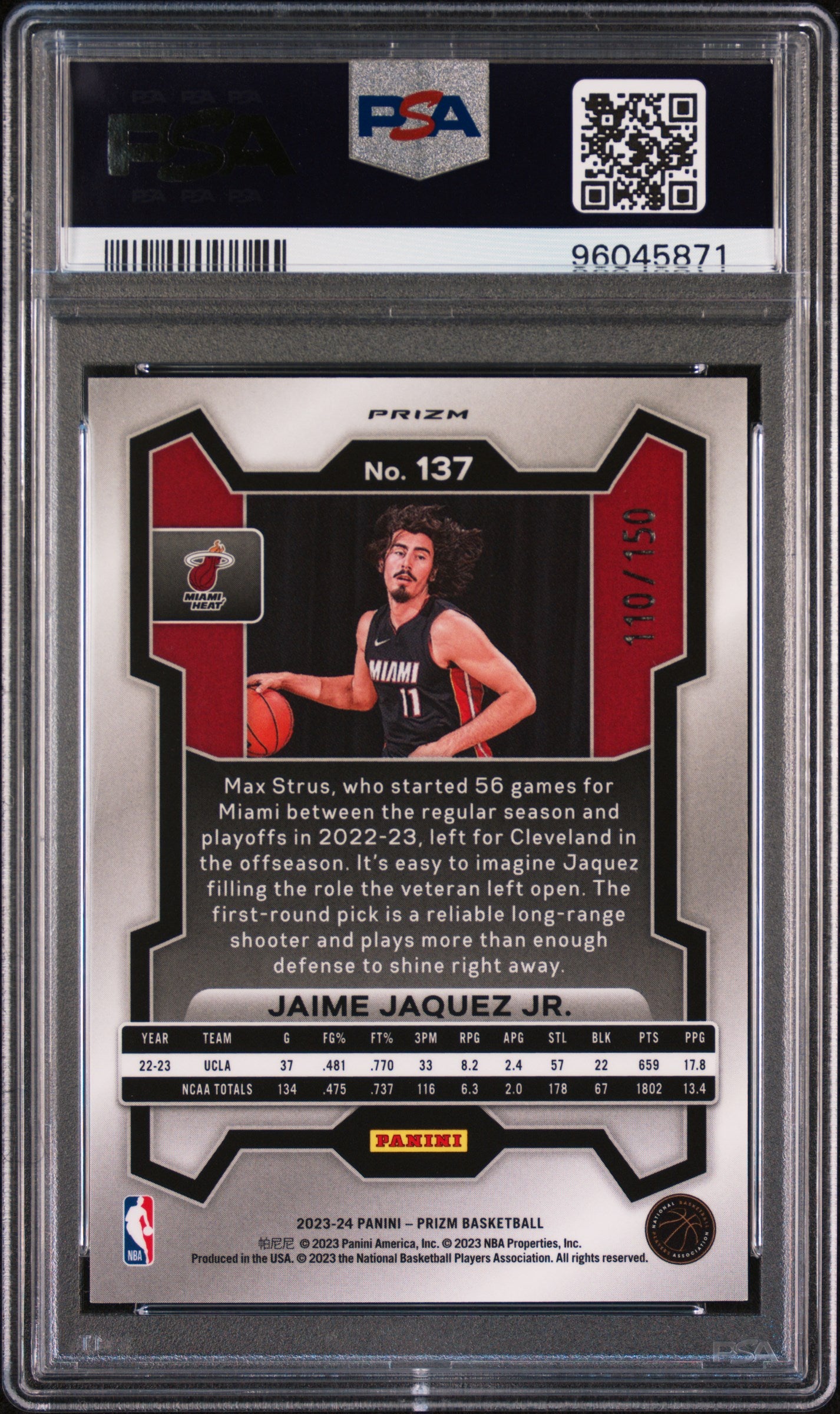 2023 Panini Prizm #137 - Jaime Jaquez JR. - Premium Factory Set PSA 9 Back - Cert #96045871