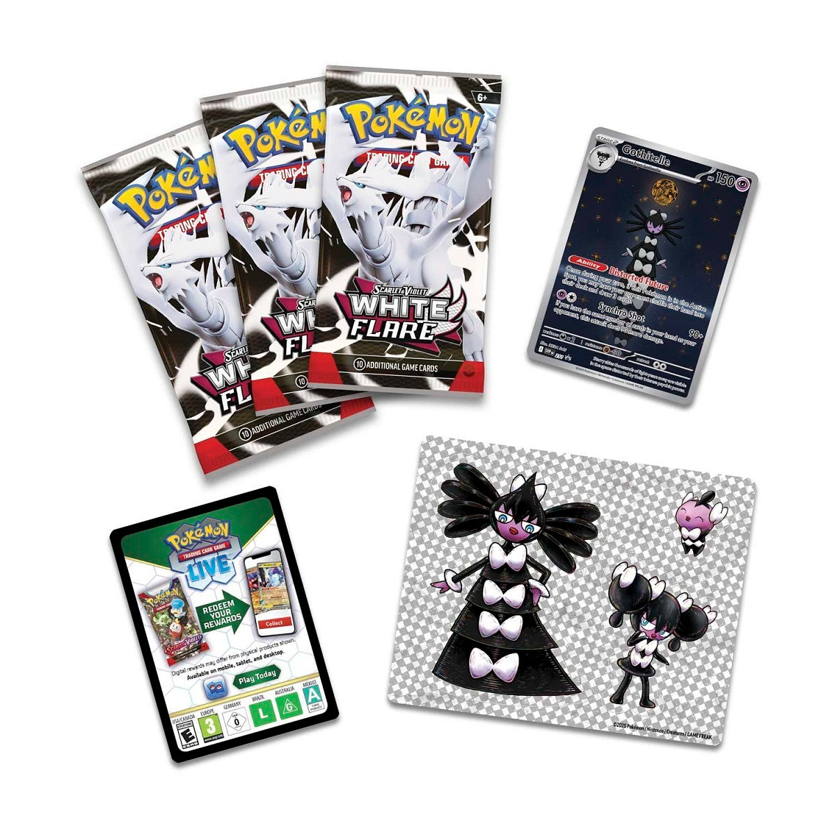 Pokemon - White Flare Tech Sticker Collection - 3 Packs + Gothitelle #211 Illustration Promo