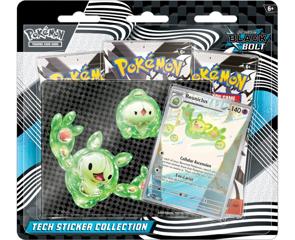 Pokemon - Black Bolt Tech Sticker Collection - 3 Packs + Reuniclus #212 Illustration Promo