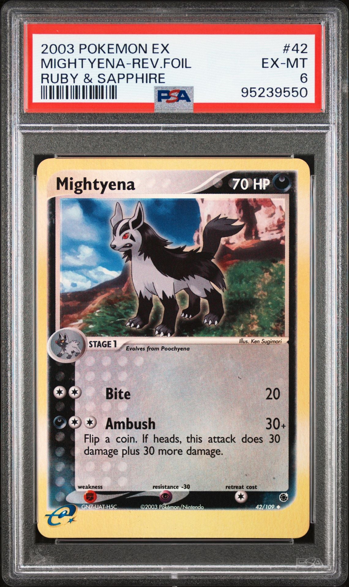 2003 Pokemon Ex Ruby & Sapphire 42 Mightyena-Reverse Foil - PSA Graded Card 2003 Pokemon Ex Ruby & Sapphire 42 Mightyena-Reverse Foil - PSA Graded Card
