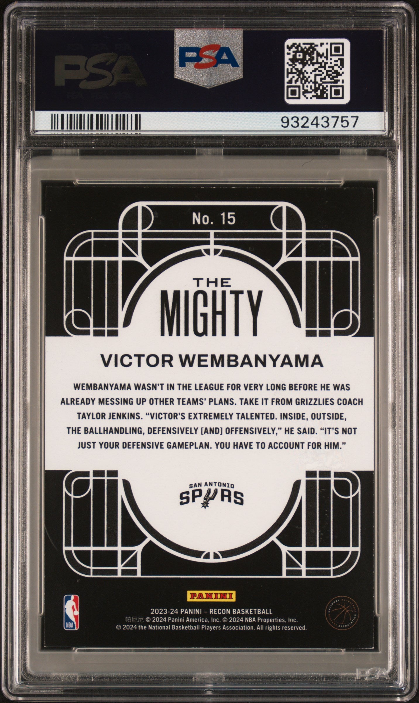 2023 Panini Recon The Mighty #15 - Victor Wembanyama PSA 8 Back - Cert #93243757