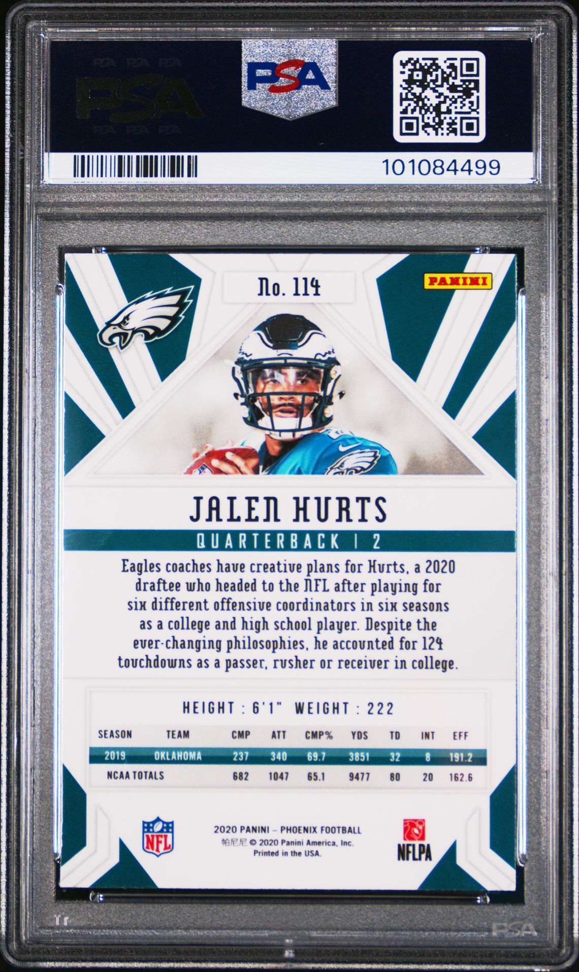 2020 PANINI - PHOENIX  - #114 - JALEN HURTS- FIRE BURST - ROOKIE - PSA Graded Card