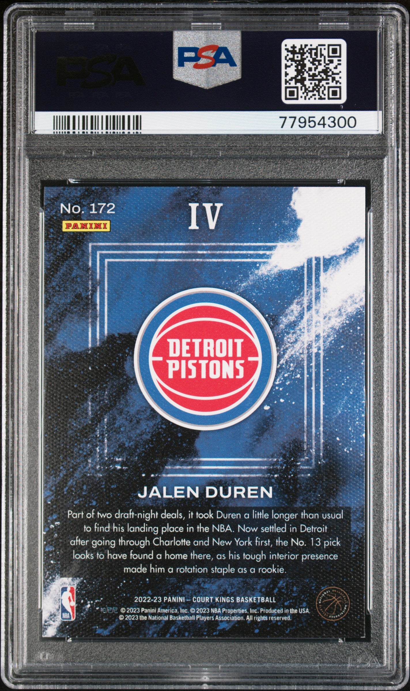 2022 Panini Court Kings #172 - Jalen Duren PSA 9 Back - Cert #77954300