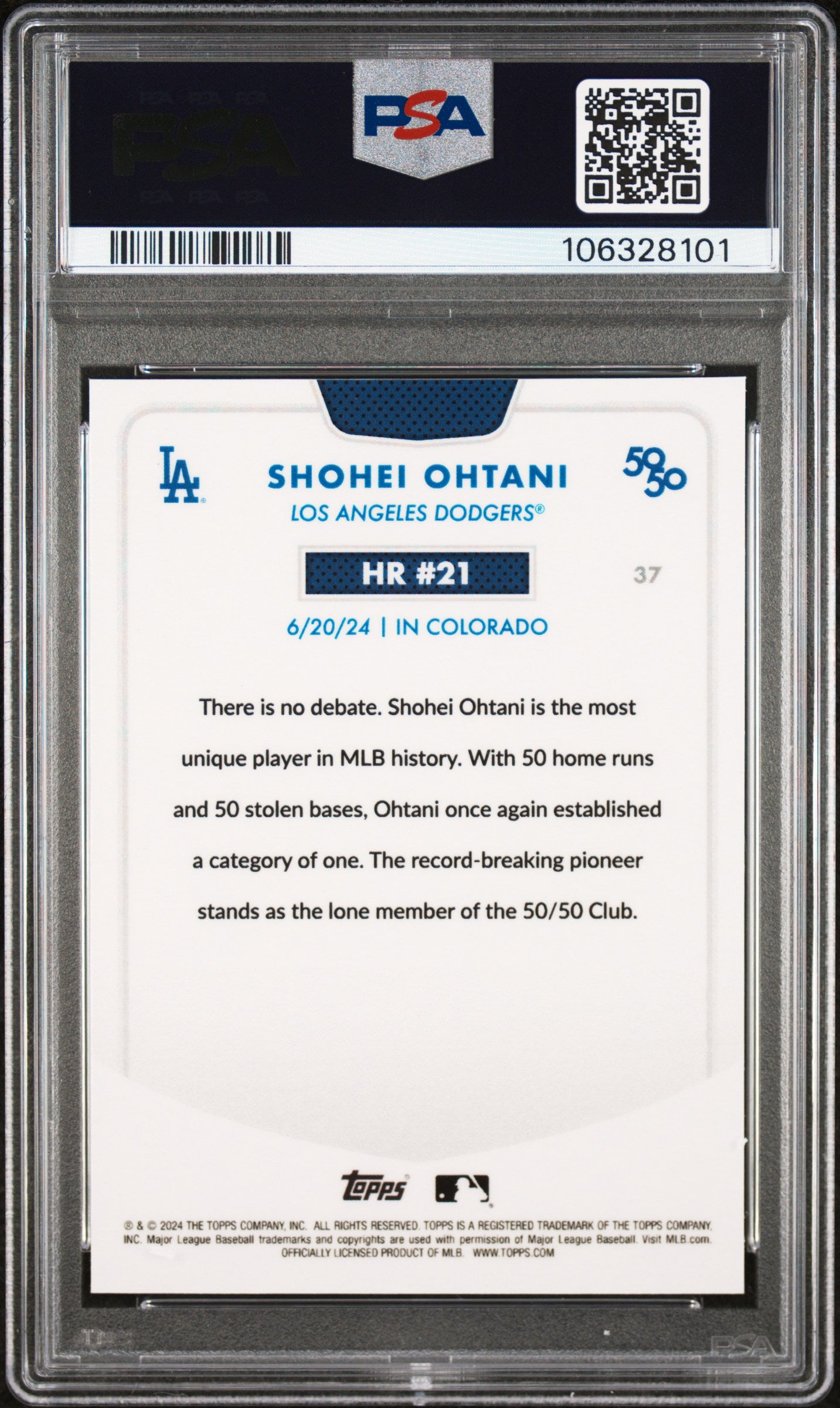 2024 Topps - Shohei Ohtani 50/50 - HR #21 - Blue Refractor - Limited to /150 - #37- PSA Graded Card