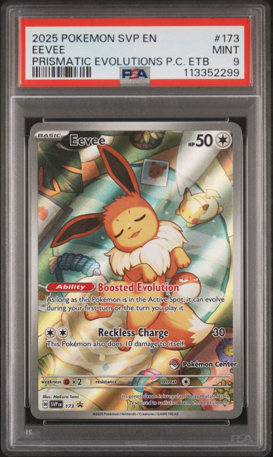 2025 Pokemon SVP En — SV Black Star Promo — 173 Eevee Prismatic Evolutions — Pokemon Center Elite Trainer Box — PSA Graded Card