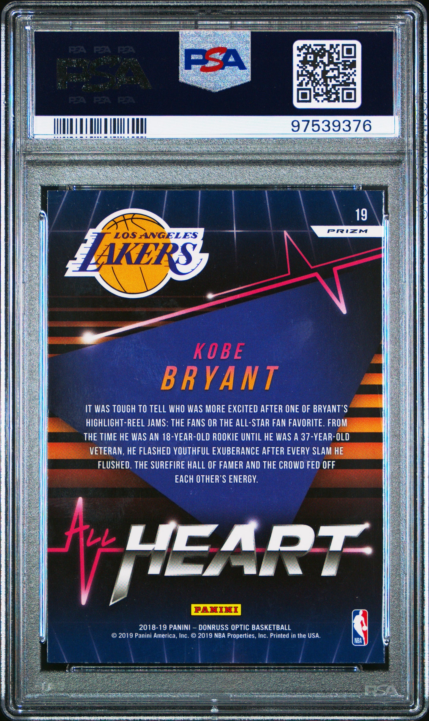 2018 Donruss Topic - Kobe Bryant - All Heart Holo - #19 - PSA Graded Card
