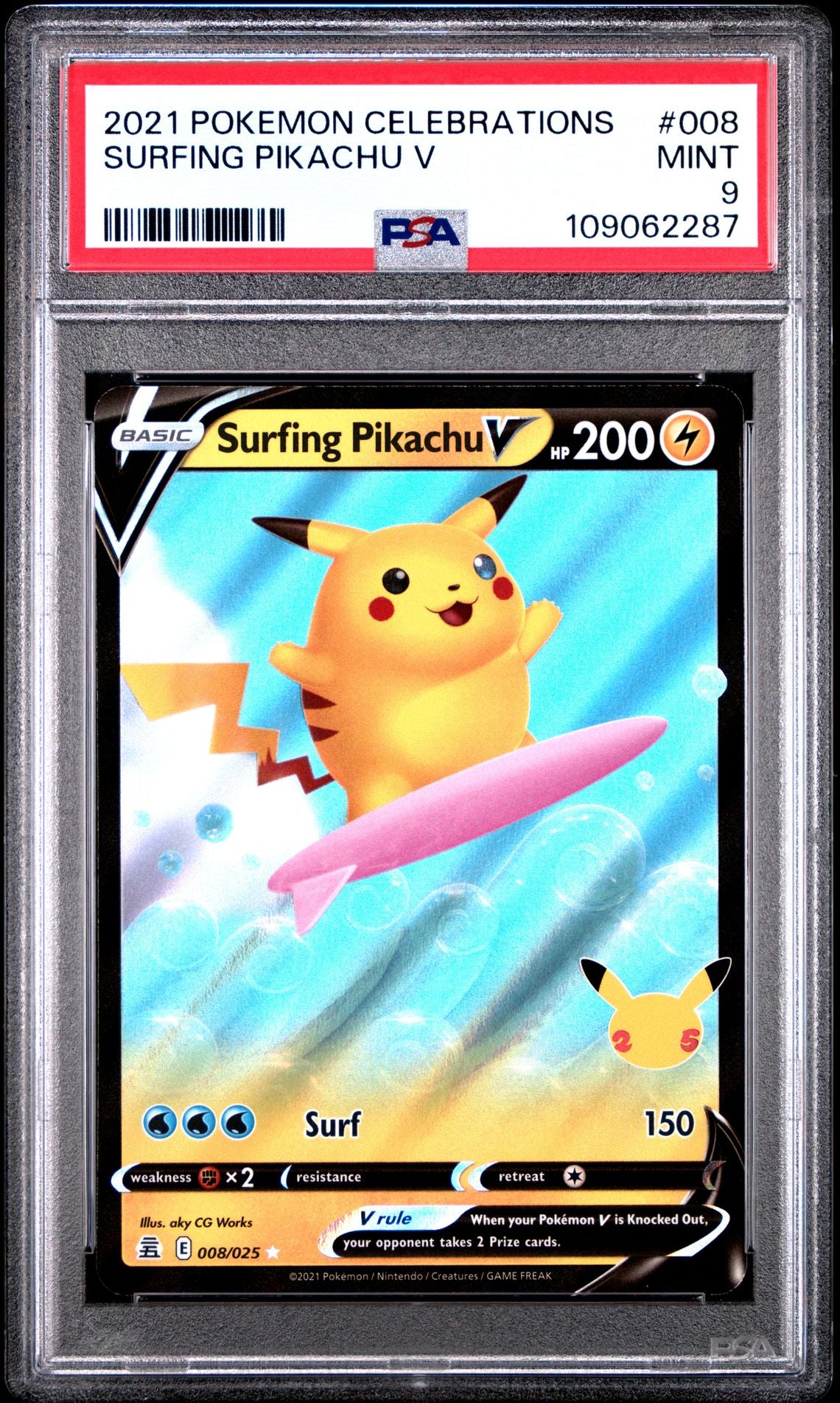 2021 Pokemon Celebrations 008 Surfing Pikachu V — PSA Graded Card