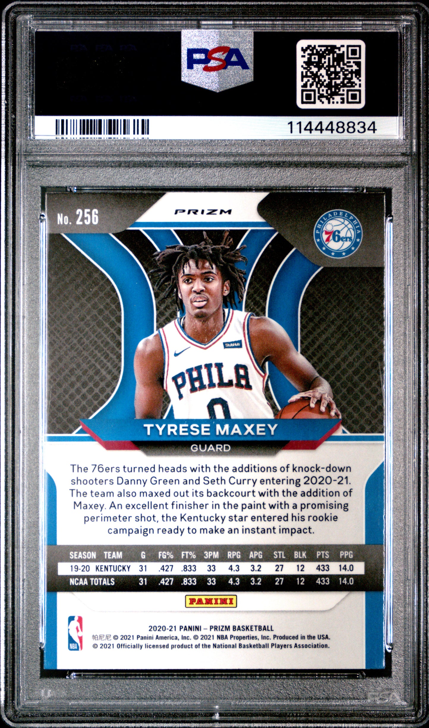 2020 Panini Prizm #256 - Tyrese Maxey - Red/white/blue {REVIEW} PSA 9 Back - Cert #114448834