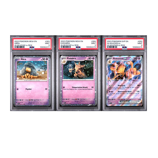 2023 Pokemon MEW-EN - Alakazam ex Box PSA 9 Cosmos Holo Promo Set - Abra #063 - Kadabra #064 - Alakazam ex #050