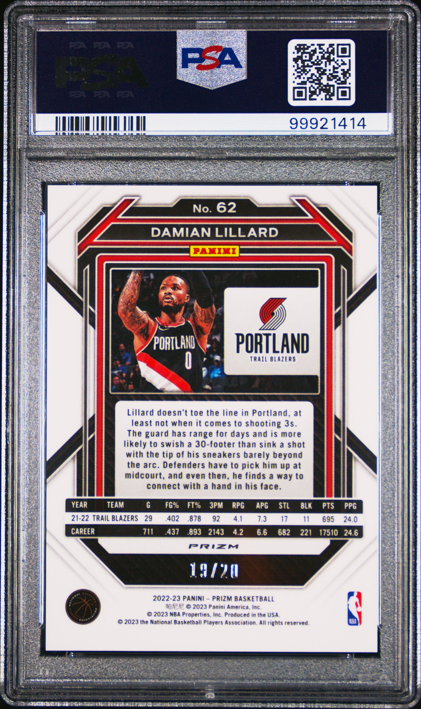 2022 Prizm - Damian Lillard - Bronze Fast Break Limited to /20 - #62 - PSA Graded Card