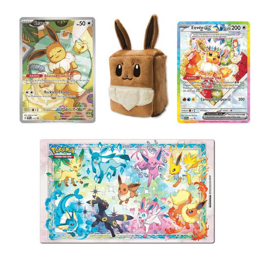 Pokemon - Eevee #173 ETB Promo + Eevee #174 SPC Promo + Eevee Fuzzy Deck Box + Evolutions Playmat