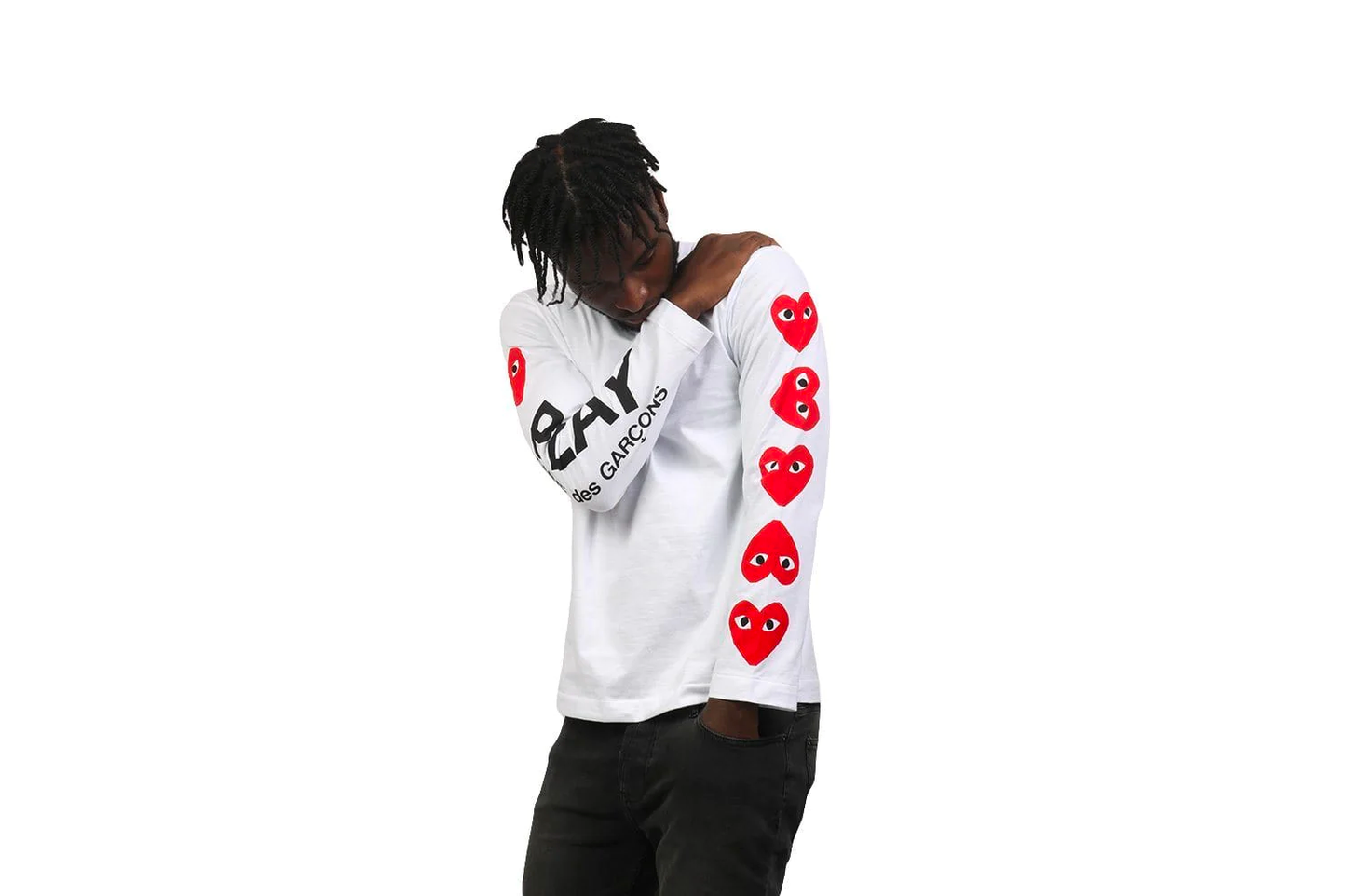 COMME DES GARÇONS PLAY RED MULTI HEARTS BIG LOGO LONG SLEEVE WHITE