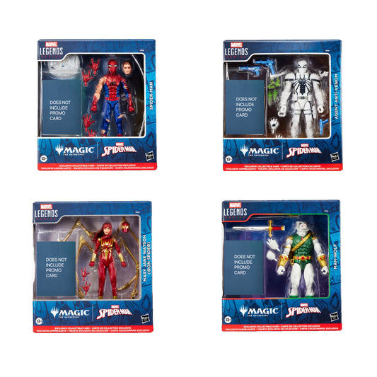 Marvel Legends x Magic: The Gathering - Complete Set of 4 Figures - NO PROMO CARDS (Battle-Damaged Spider-Man, Mary Jane Watson, Iron Spider, Man-Wolf, Agent Anti-Venom)