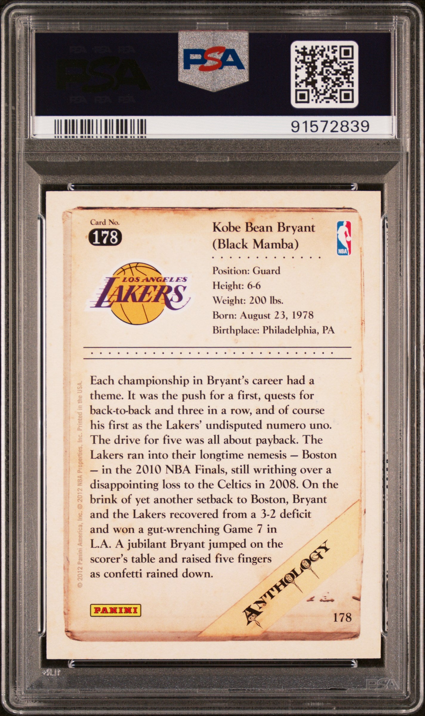 2012 Panini - Kobe Anthology - Kobe Bryant - #178 - PSA Graded Card