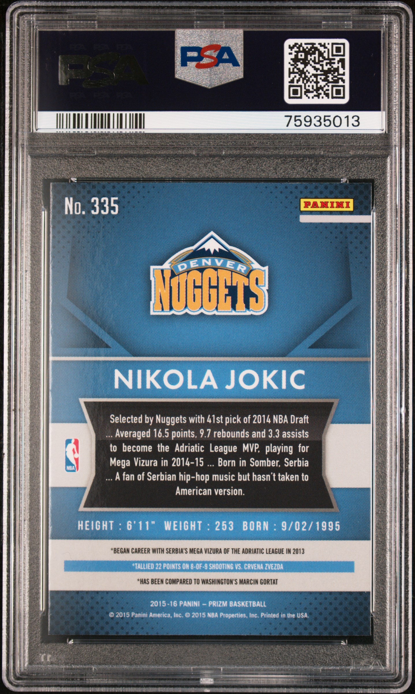 2015 Panini Prizm - Nikola Jokic Rookie Card - #335 - PSA 9 Graded Card