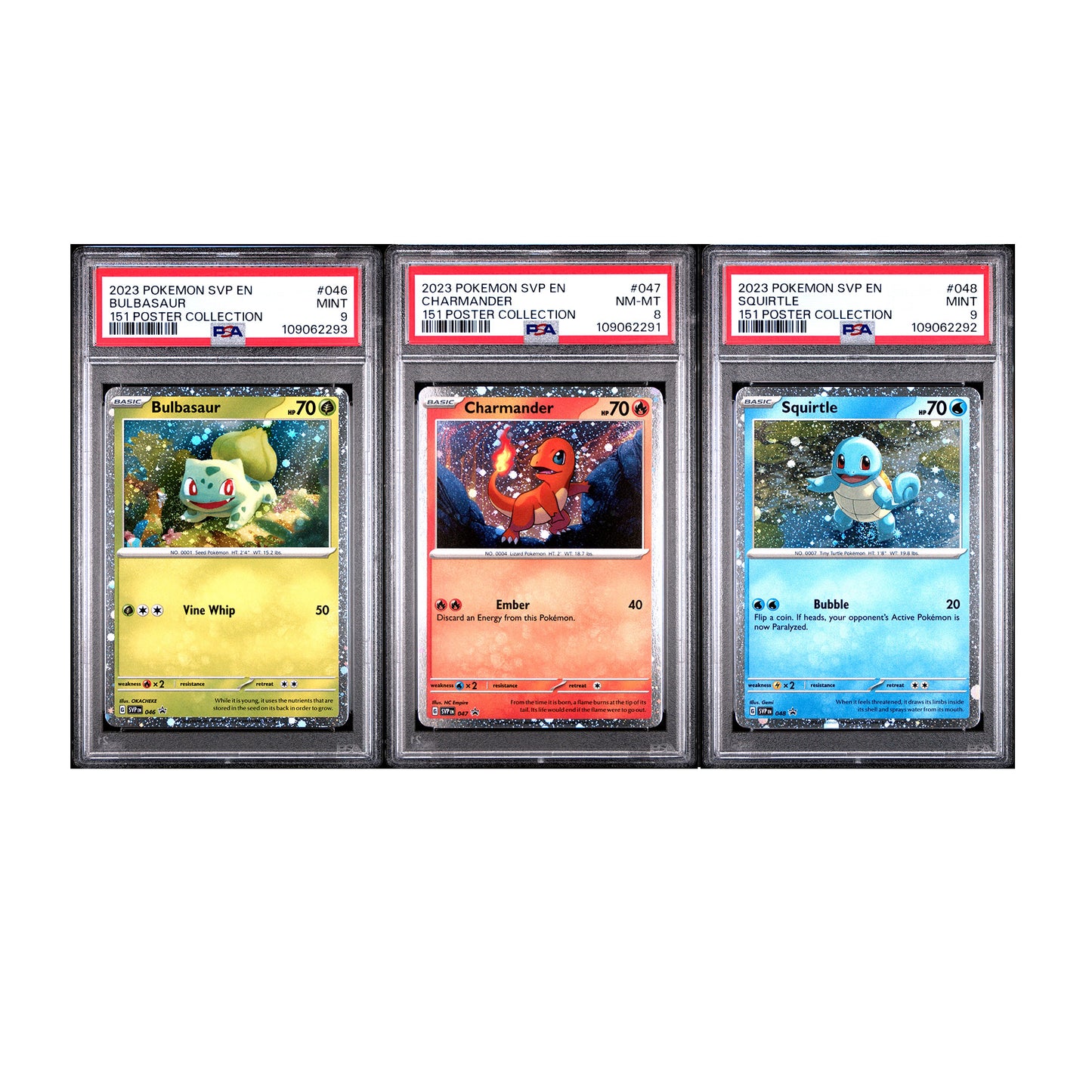 2023 Pokemon SVP-EN - 151 Poster Collection PSA Cosmos Holo Promo Set - Bulbasaur #046 - Charmander #047 - Squirtle #048