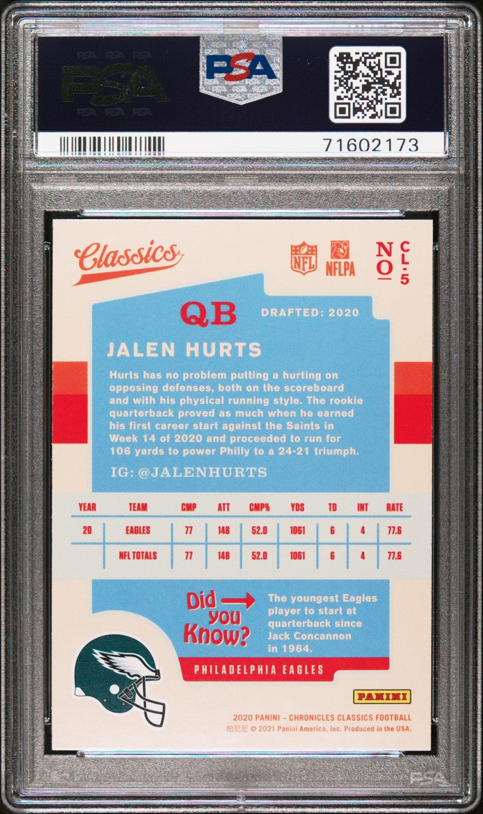 2020 Panini Chronicles - Jalen Hurts Rookie - Classics - #5 - PSA Graded Card