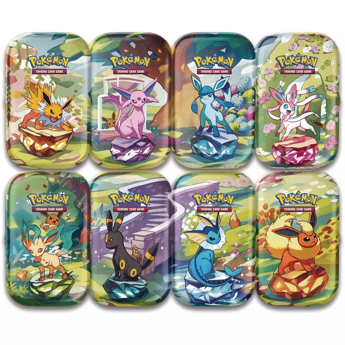 Pokemon - EMPTY Prismatic Evolutions Collector Mini Tins Complete Set of 8 with coins/cards