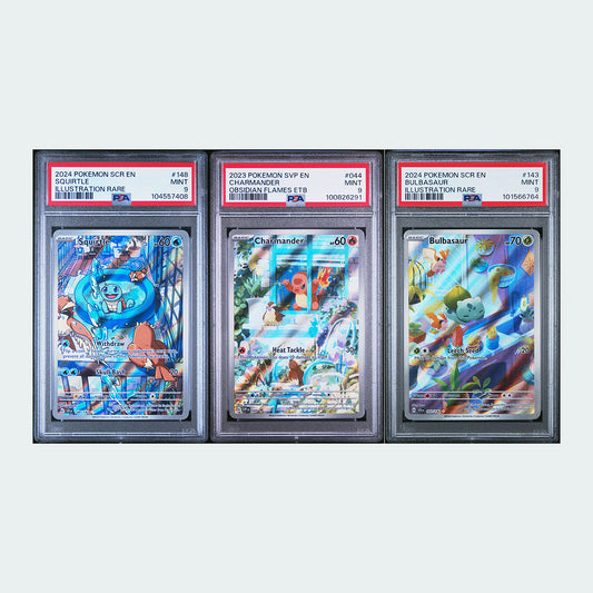 Pokemon - PSA 9 Illustration Rare Set - Squirtle #138 Stellar Crown - Charmander #044 Obsidian Flames ETB - Bulbasaur #143 Stellar Crown