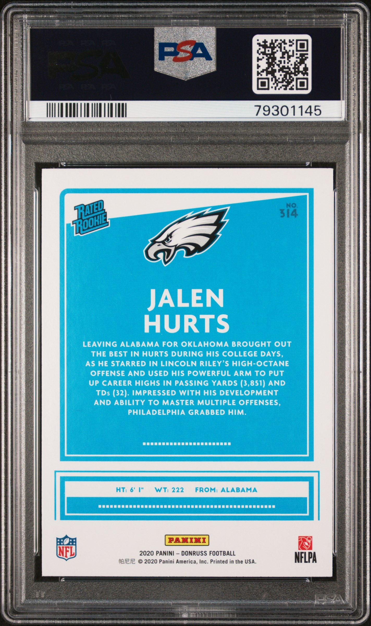 2020 Panini Donruss - Jalen Hurts Rated Rookie - Rookie Card -  #314 - PSA Graded Card