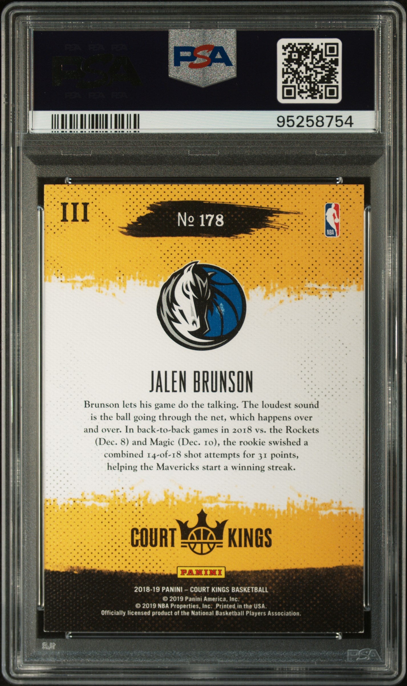 2018-19 Panini Court Kings - Jalen Brunson - Rookie Level III 3 - #178 - PSA Graded Card