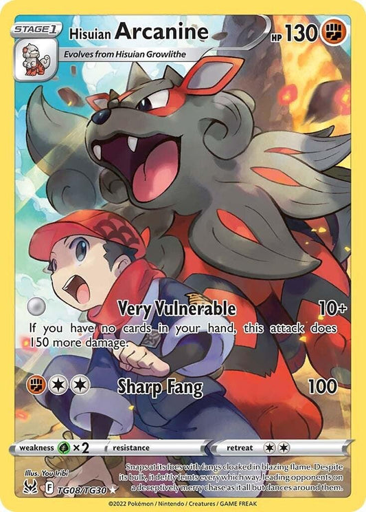 2022 Pokemon Sword & Shield − Hisuian Arcanine #TG08 − Lost Origin - Trainer Gallery Full Art − Raw Ungraded Card