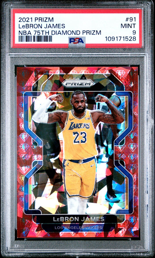 2021 Panini Prizm - Lebron James - NBA 75th Diamond Red Prizm #91 -  Limited to /75 - PSA Graded Card