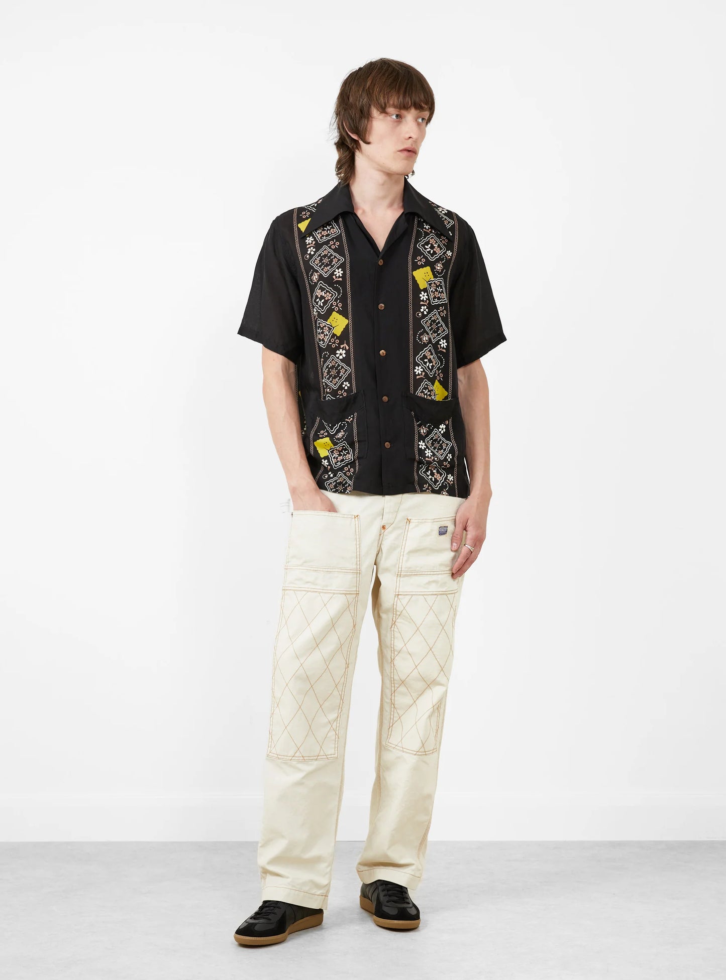 Kapital: Silk Rayon Peckish Rainbowy Wrangle Collar Cuba Shirt - Black - K2404SS174