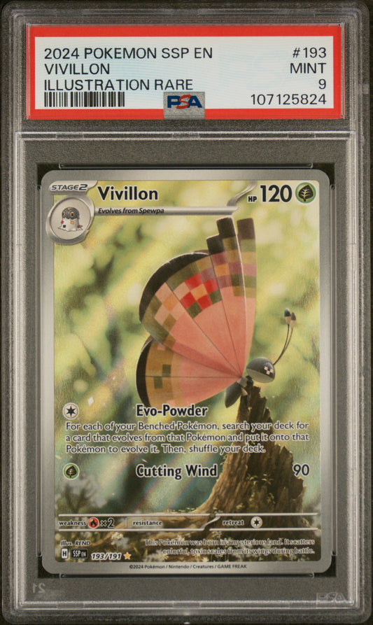 2024 Pokemon Ssp EN-Surging Sparks #193 - Vivillon - Illustration Rare PSA 9 Front - Cert #107125824