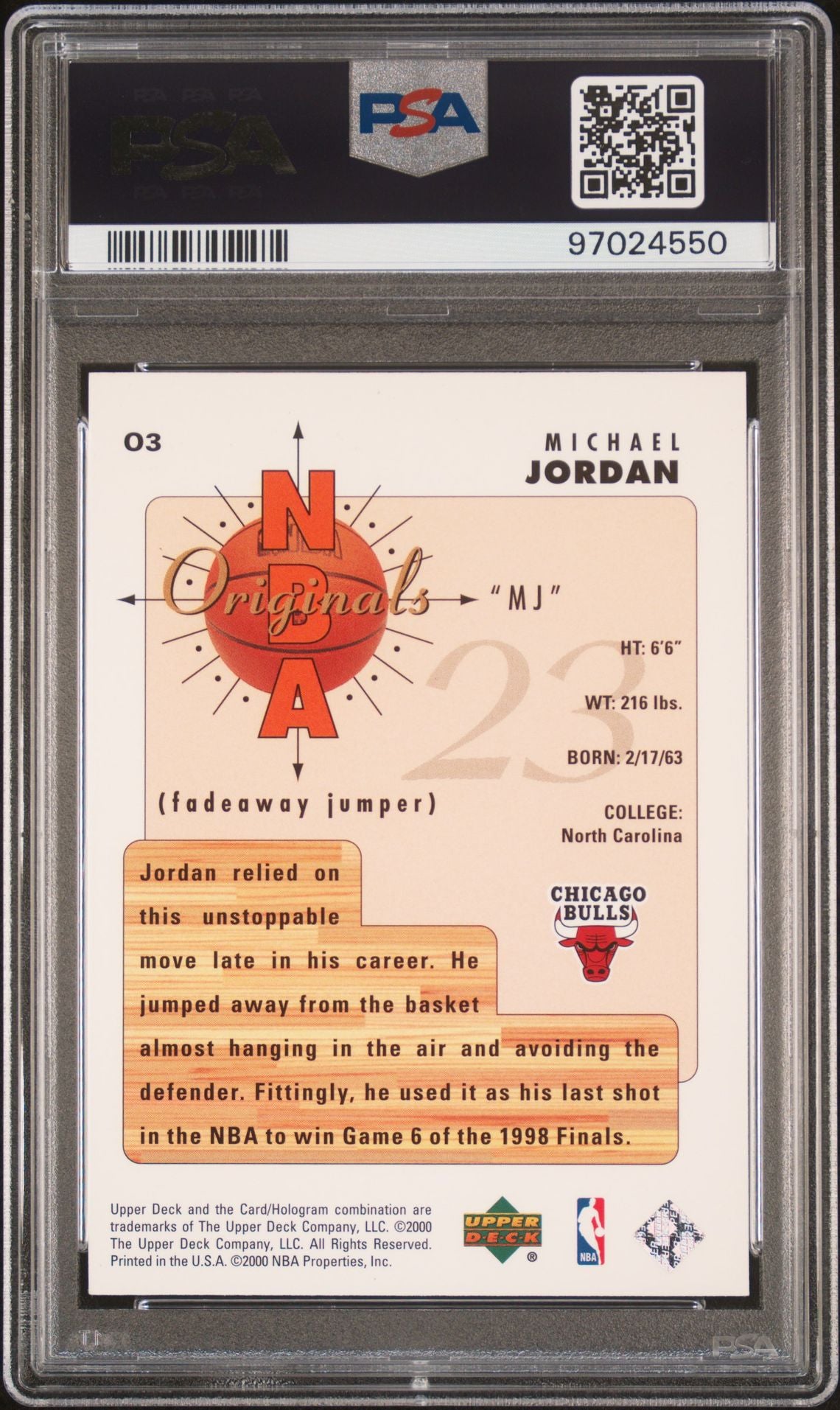 2000 Upper Deck Century Legends - Michael Jordan - NBA Originals - PSA Graded Card