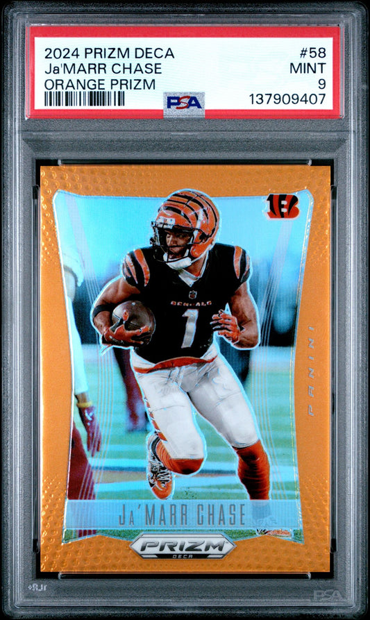 2024 Panini Prizm Deca - Ja'Marr Chase - Orange Prizms Limited to /49 - #58 - PSA 9
