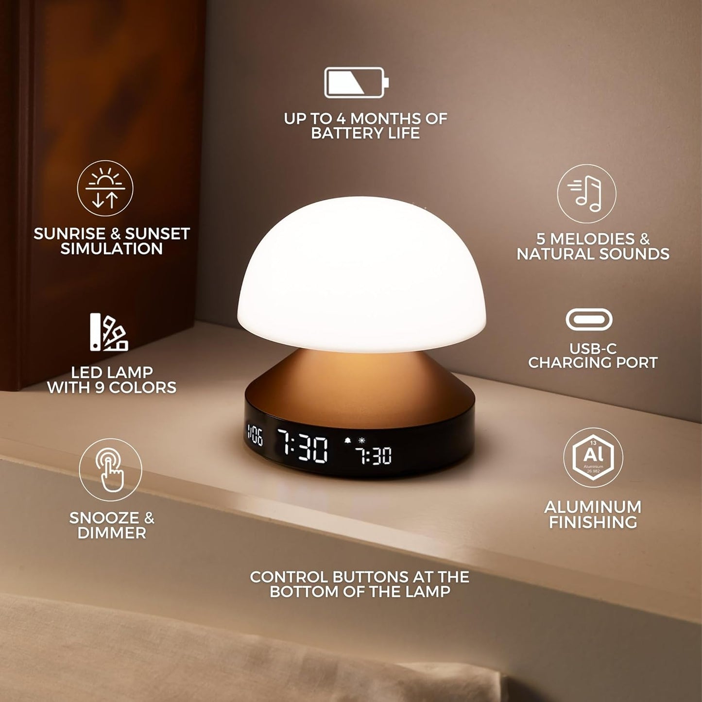 Lexon: Mina Sunrise Daylight Simulator Lamp with Alarm Clock - Alu Polish