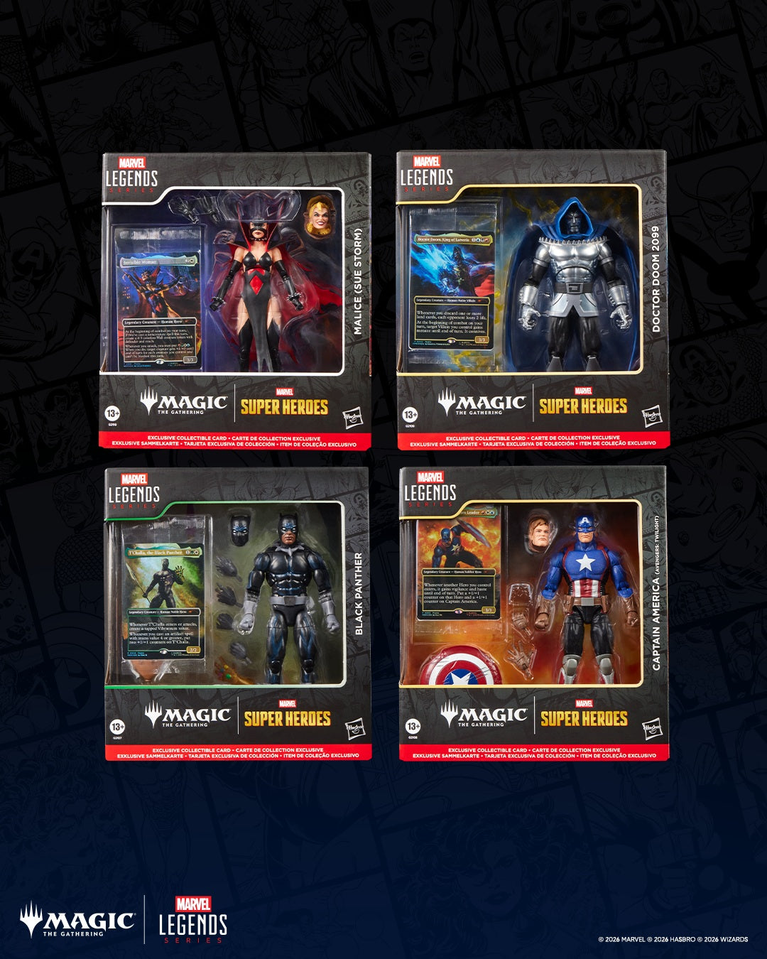 Marvel Legends x Magic: The Gathering - Complete Set of 4 Figures + Promo Cards - Captain America, Doctor Doom 2099, Malice, Black Panther (PRE-ORDER OCT 2026)