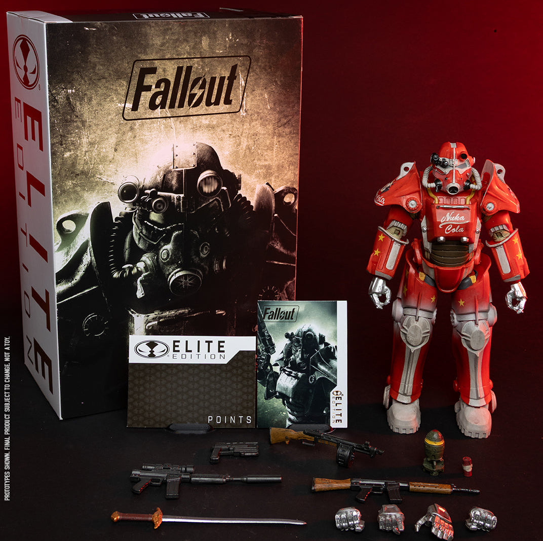 Bethesda Softworks Fallout Elite Edition pre-order display featuring a red and white armored action figure, the product box, accessories, and a points card on a dark red background with Fallout branding.